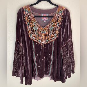 Johnny Was Brown Velvet Embroidered Butterfly Sleeve Boho Top